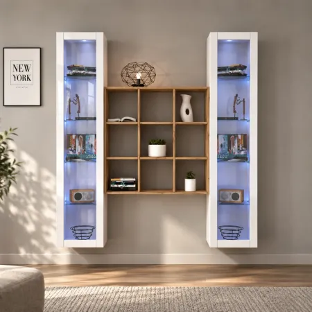 Parete Attrezzata Soggiorno 170 cm Bianco Lucido con Vetrine Libreria