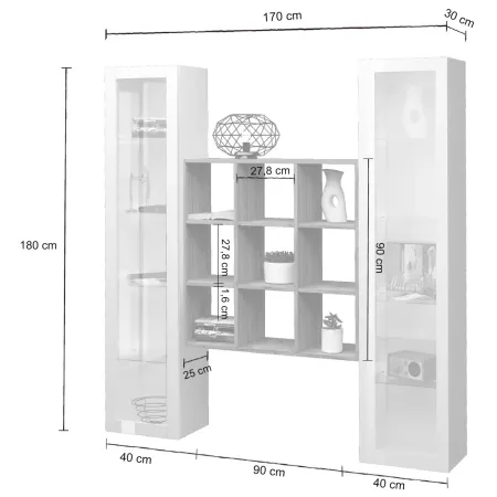 Parete Attrezzata Soggiorno 170 cm Bianco Lucido con Vetrine Libreria