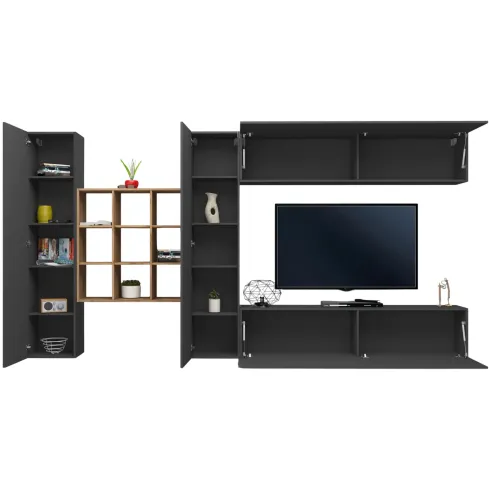 Parete Attrezzata Soggiorno 350 cm Porta TV Pensile Antracite Rovere