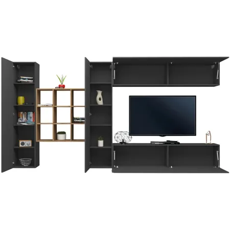 Parete Attrezzata Soggiorno 350 cm Porta TV Pensile Antracite Rovere