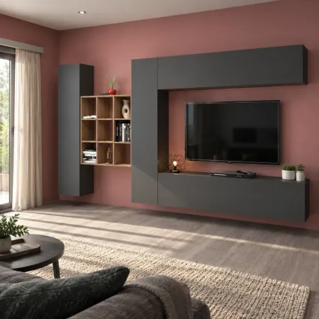 Parete Attrezzata Soggiorno 350 cm Porta TV Pensile Antracite Rovere