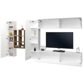 Parete Attrezzata Soggiorno 350 cm Porta TV Pensile Bianco Rovere 2