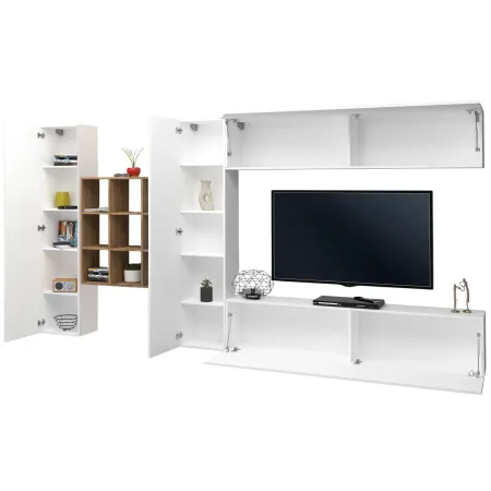 Parete Attrezzata Soggiorno 350 cm Porta TV Pensile Bianco Rovere