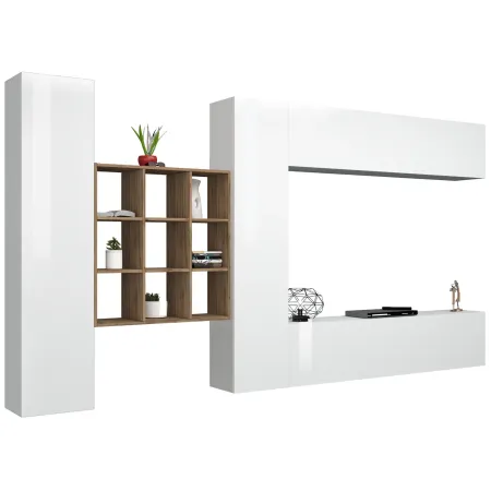 Parete Attrezzata Soggiorno 350 cm Porta TV Pensile Bianco Rovere
