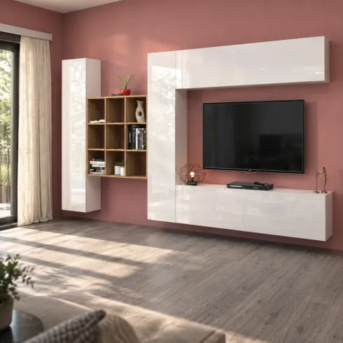 Parete Attrezzata Soggiorno 350 cm Porta TV Pensile Bianco Rovere