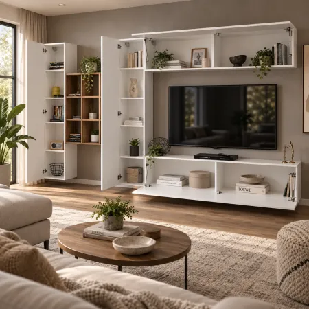 Parete Attrezzata Soggiorno 350 cm Porta TV Pensile Bianco Rovere