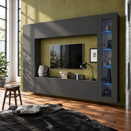 Parete Attrezzata Soggiorno 260 cm Antracite con Vetrina Porta TV