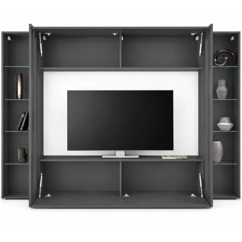Mobile TV Soggiorno Parete Attrezzata Antracite Pensile con 2 Vetrine