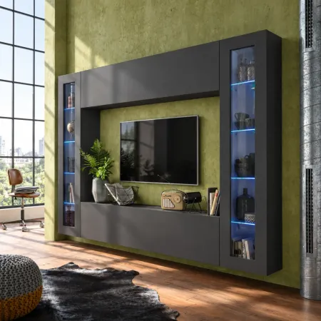Mobile TV Soggiorno Parete Attrezzata Antracite Pensile con 2 Vetrine