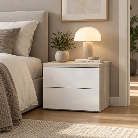 Comodino 2 Cassetti Camera da Letto Rovere Sbiancato Bianco Lucido