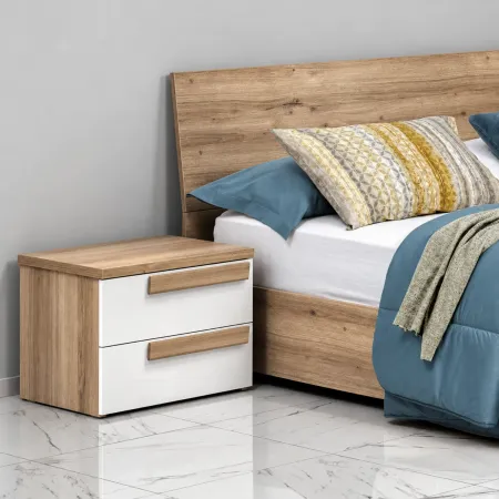 Comodino 2 Cassetti Camera da Letto Rovere Caramello Bianco Lucido
