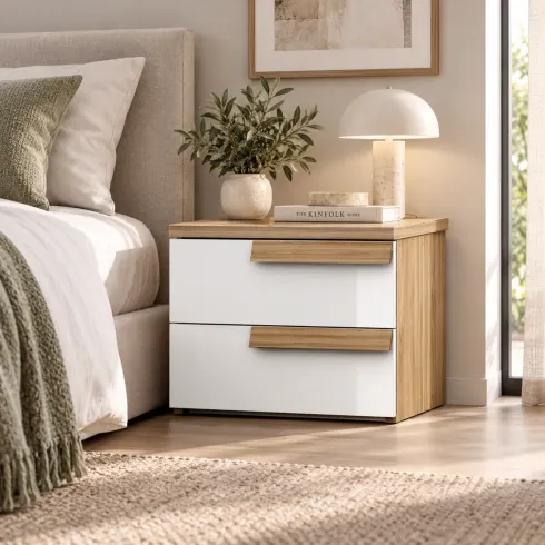 Comodino 2 Cassetti Camera da Letto Rovere Caramello Bianco Lucido