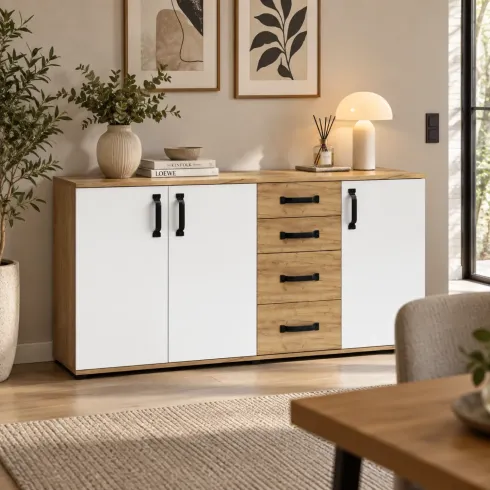 Credenza Rovere Bianco 3 Ante 4 Cassetti Madia da Soggiorno 160 cm