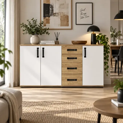 Credenza Rovere Bianco 3 Ante 4 Cassetti Madia da Soggiorno 160 cm
