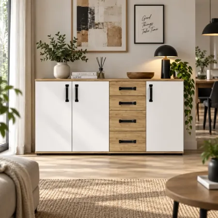 Credenza Rovere Bianco 3 Ante 4 Cassetti Madia da Soggiorno 160 cm