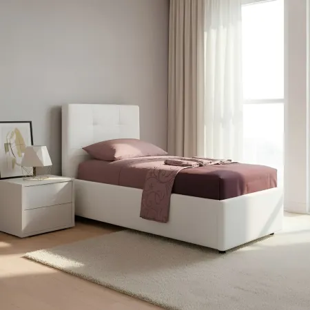 Letto Singolo Contenitore 80x190 cm Testiera Ecopelle Bianco con Rete