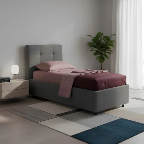 Letto Singolo Contenitore 80x190 cm Testiera Ecopelle Grigio con Rete