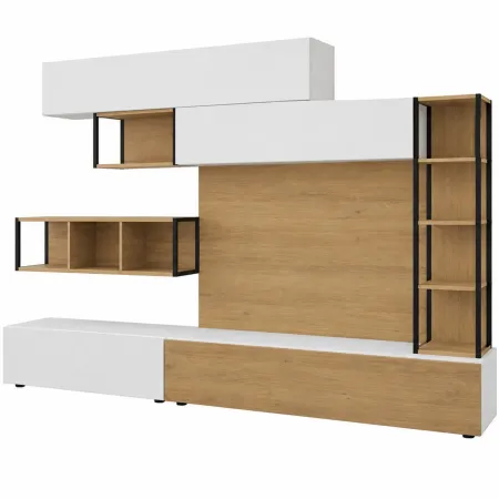 Parete Attrezzata TV Soggiorno Base con Colonna Pensili Bianco Rovere