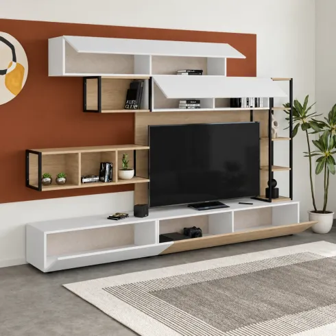 Parete Attrezzata TV Soggiorno Base con Colonna Pensili Bianco Rovere
