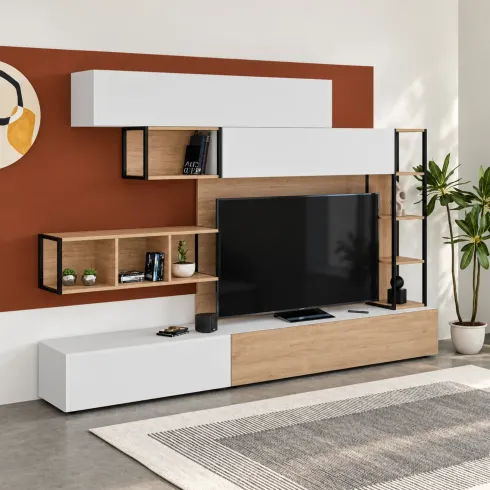 Parete Attrezzata TV Soggiorno Base con Colonna Pensili Bianco Rovere
