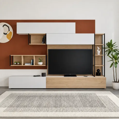 Parete Attrezzata TV Soggiorno Base con Colonna Pensili Bianco Rovere