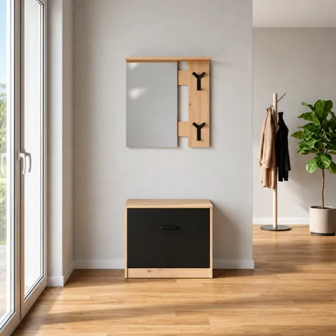 Mobile Ingresso con Specchio Scarpiera Ganci Appendiabiti Rovere Nero