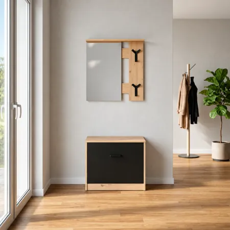 Mobile Ingresso con Specchio Scarpiera Ganci Appendiabiti Rovere Nero