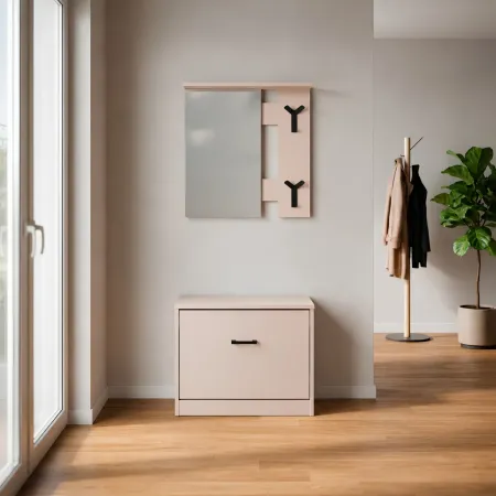 Mobile Ingresso con Specchio Scarpiera Ganci Appendiabiti Beige