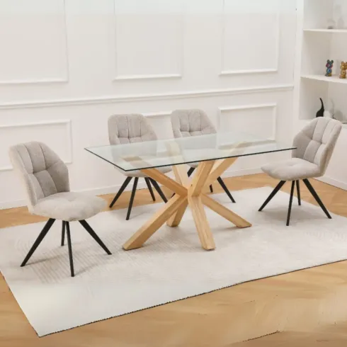 Tavolo 6 Posti da Pranzo Rettangolare 160x90 cm Vetro Temperato Legno