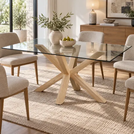 Tavolo 6 Posti da Pranzo Rettangolare 160x90 cm Vetro Temperato Legno