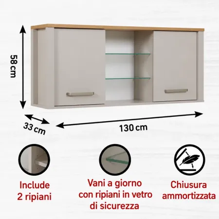Cucina Modulare 3 Mobili Soft Close Beige Rovere 200 cm MDF Vetro