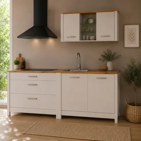 Cucina Modulare 230 cm Beige Rovere Base Sottolavello Cassetti Pensile