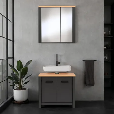 Mobile Bagno 70 cm Antracite Rovere Sottolavabo Pensile a Specchio
