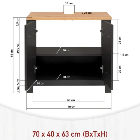 Mobile Bagno 70 cm Antracite Rovere Sottolavabo Pensile a Specchio