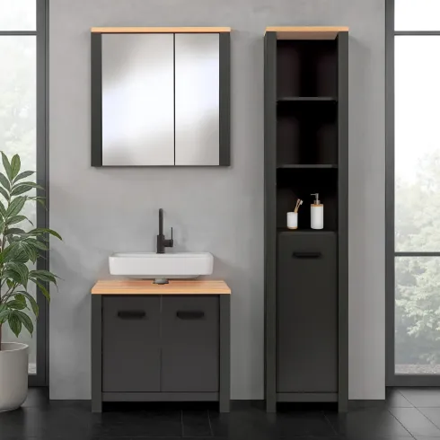 Mobile Bagno 3 Pezzi Antracite Rovere 197 cm con Colonna Specchio