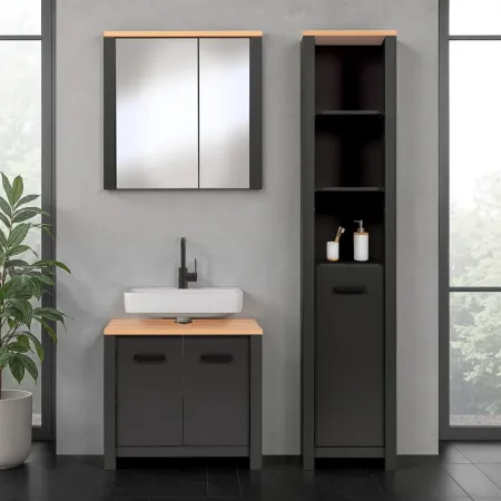 Mobile Bagno 3 Pezzi Antracite Rovere 197 cm con Colonna Specchio