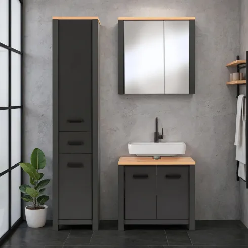 Mobili Bagno 3 Pezzi con Colonna Soft Close Antracite Rovere 197 cm