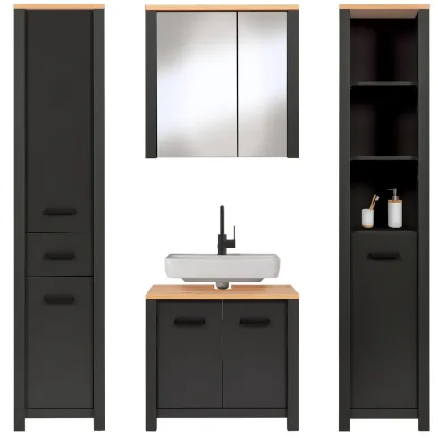 Mobile Bagno 154 cm 2 Colonne Pensile con Specchio Antracite Rovere