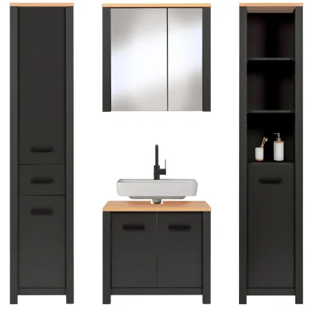 Mobile Bagno 154 cm 2 Colonne Pensile con Specchio Antracite Rovere