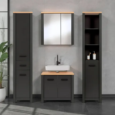 Mobile Bagno 154 cm 2 Colonne Pensile con Specchio Antracite Rovere