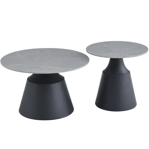 Set 2 Tavolini da Salotto Rotondi in Ceramica Grigio Metallo Nero