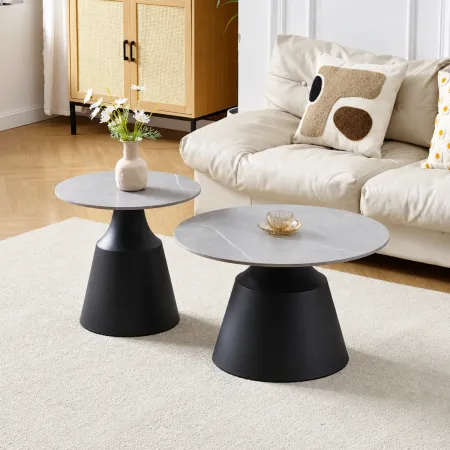 Set 2 Tavolini da Salotto Rotondi in Ceramica Grigio Metallo Nero