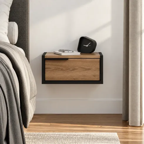 Comodino Sospeso Nero Rovere con Cassetto Maniglia Reversibile