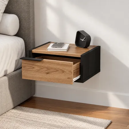 Comodino Sospeso Nero Rovere con Cassetto Maniglia Reversibile