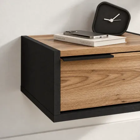 Comodino Sospeso Nero Rovere con Cassetto Maniglia Reversibile