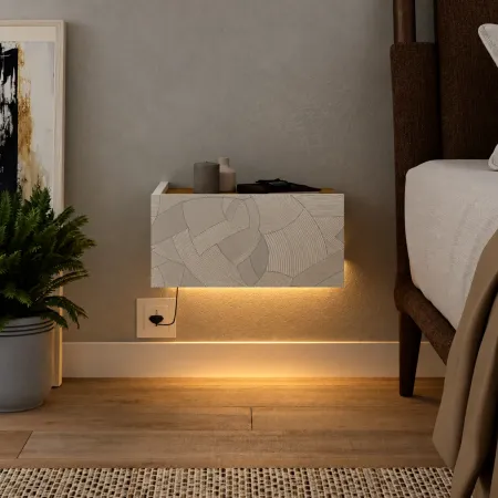 Comodino Sospeso Bianco Beige con Luci Camera da Letto Reversibile