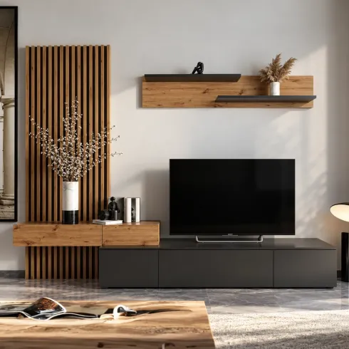 Mobile TV Parete Attrezzata Pensili 250 cm Rovere Nero da Soggiorno