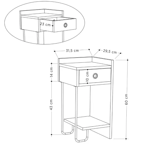 Comodino Tortora con Cassetto Gamba in Metallo Nero Camera da Letto