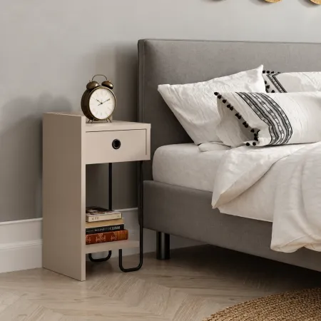 Comodino Camera da Letto con Cassetto Ripiano Tortora Gamba Nero