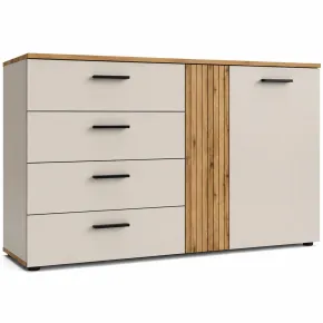 Credenza 2 Ante 4 Cassetti Beige con Listelli Rovere da Soggiorno